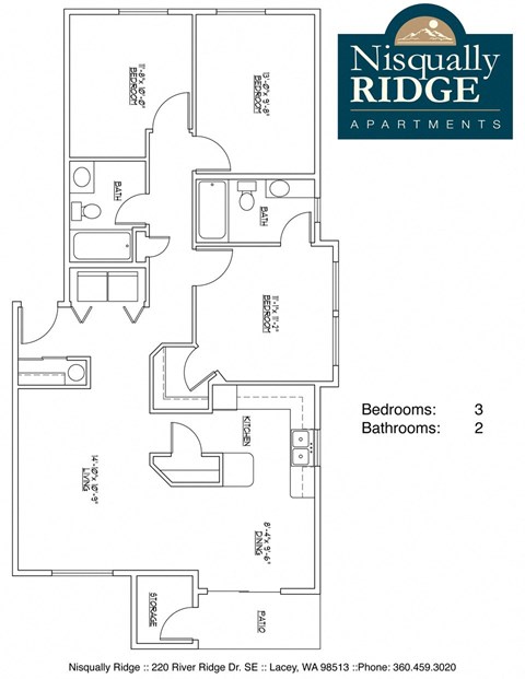 Floor plan for 3 beds, 1.5 baths, 1032 sqft